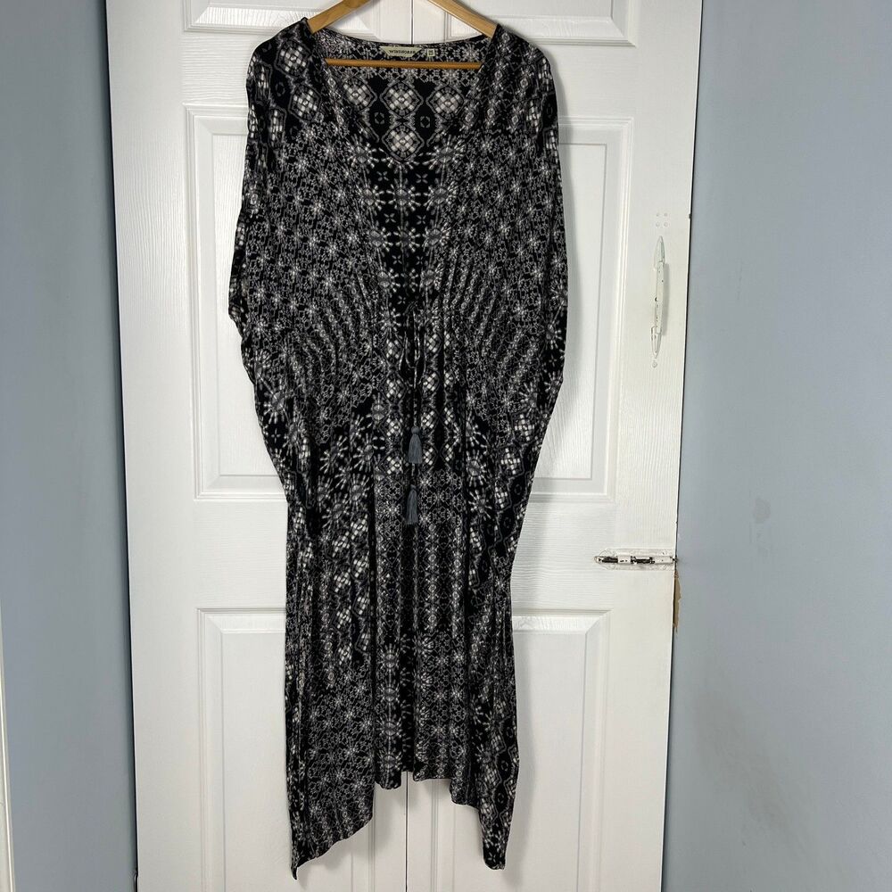 Windhorse Black White Midi Kaftan Dress Boho One Size Caftan Coverup